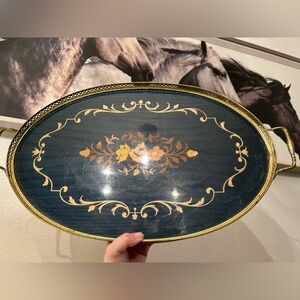 Vintage Mid Century Italian Marquetry Inlaid Wood Serving Tray Brass Handles